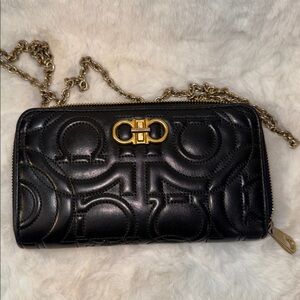 Authentic Salvatore Ferragamo Black Embossed Leather Wallet w/ Gold Chain (WOC)